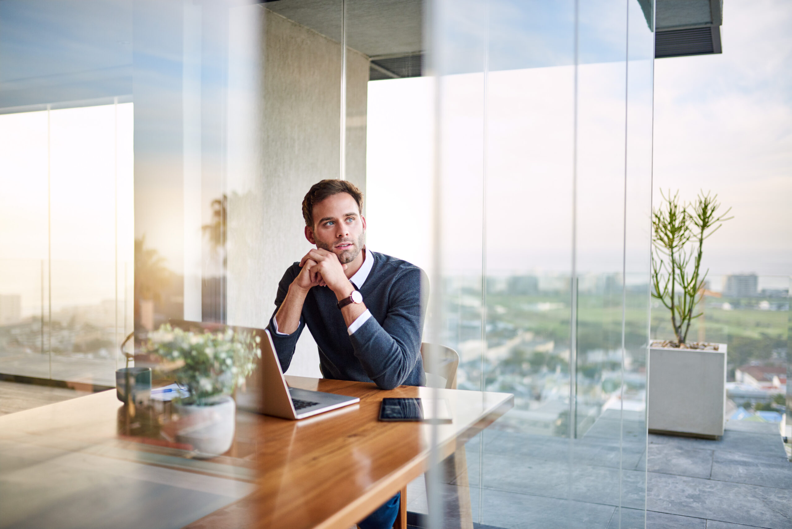 young professional thinking of prospecting techniques